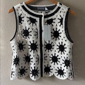 Mint Velvet Crocheted Vest Black Off-White Medium Button up Scalloped Edges NWT